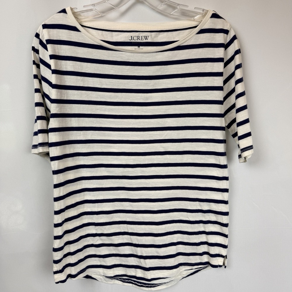 J Crew Womens Organic Slub Cotton Striped Boatneck Mariner Navy/White Nautical